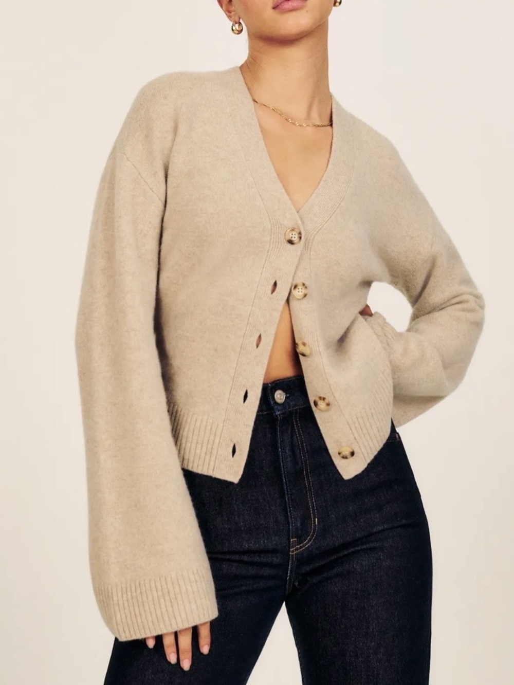REFORMATION Novara Regenerative Wool Cardigan in Linen Color
